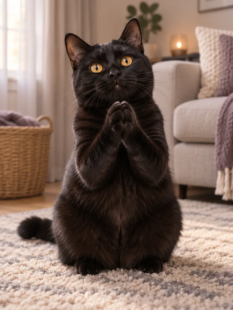 Animated black cat clapping its front paws