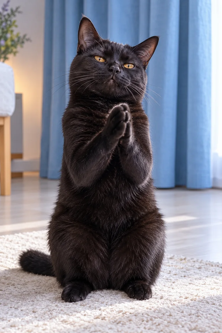 AI-generated black cat clapping its paws together