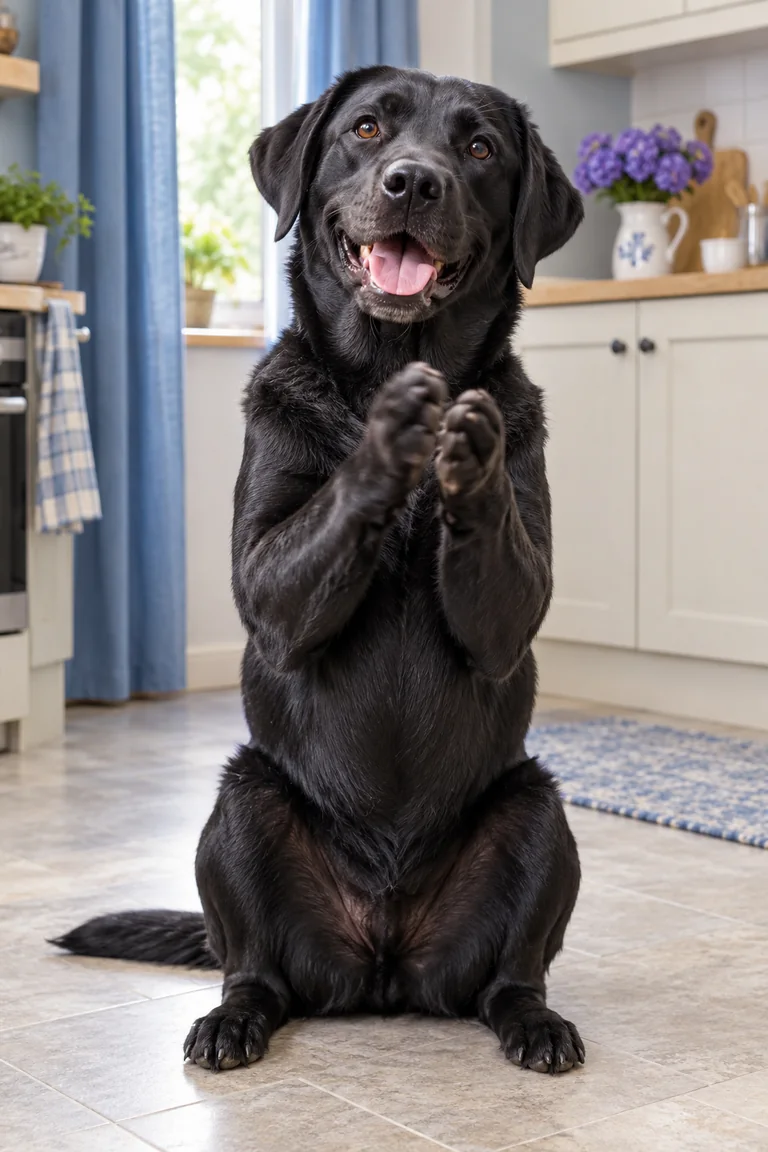 AI-generated black Labrador giving a proud applause reaction
