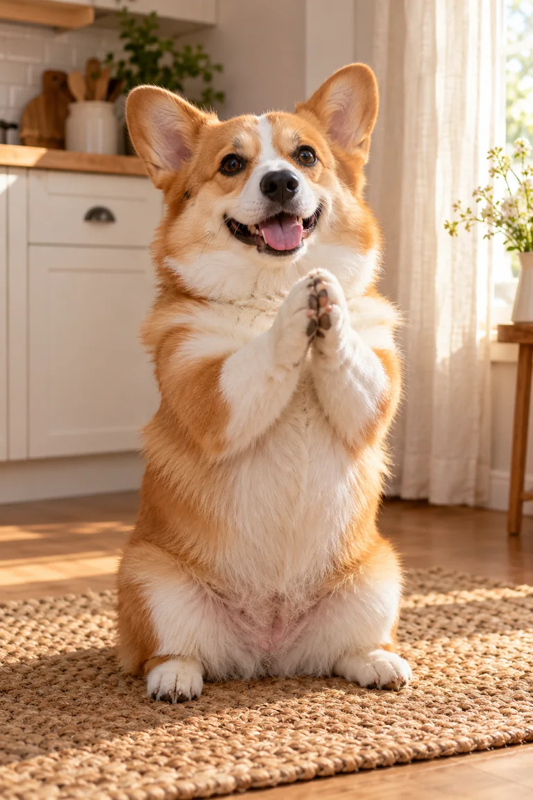AI-generated corgi sitting upright and clapping its front paws