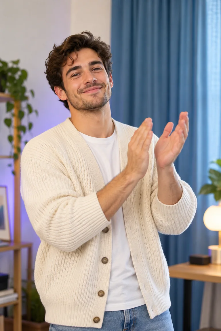 AI-generated young creator clapping in a bright studio